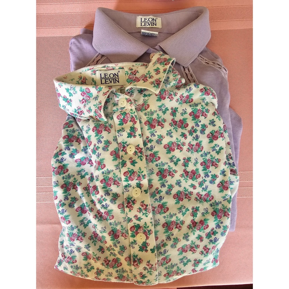 Leon Levin Long Sleeve Polo Shirts Lot of 2 Floral Paisley Lavender S PM M